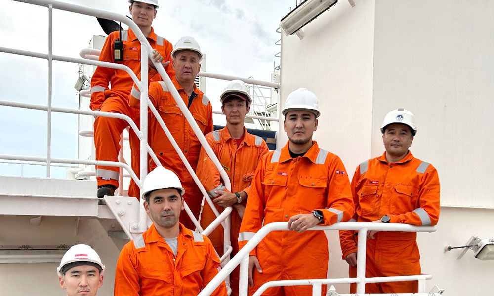 The first container ship on the Caspian Sea with a fully Kazakh crew